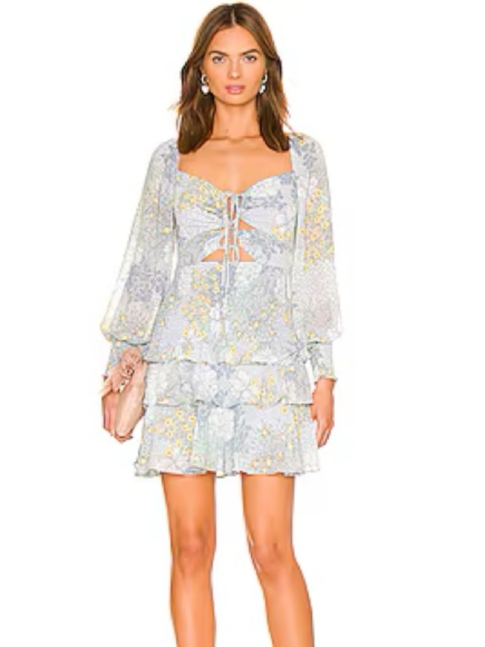 ASTR the Label Marietta Smocked Tiered Mini Dress Blue Multi Floral M